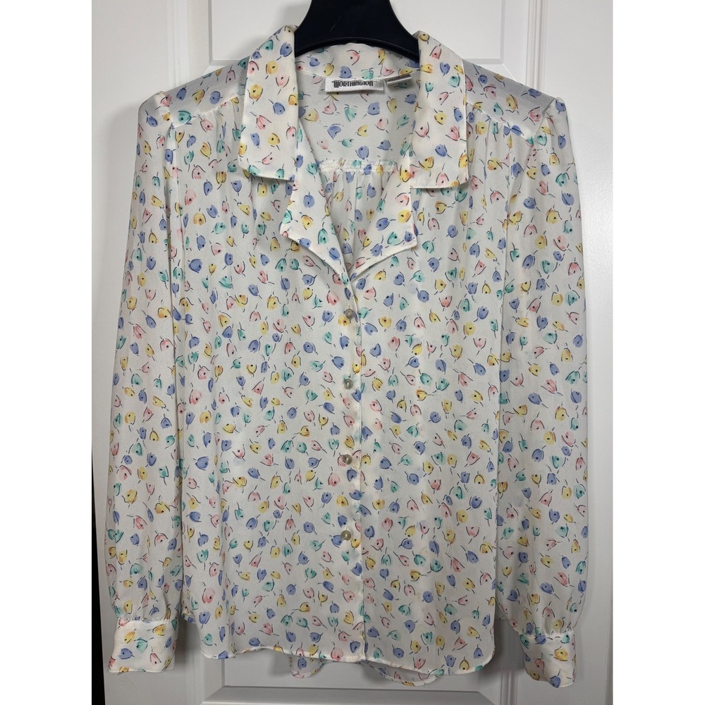 Worthington Vintage Pastel Tulip Floral Button Down Blouse White Long Sleeve 10